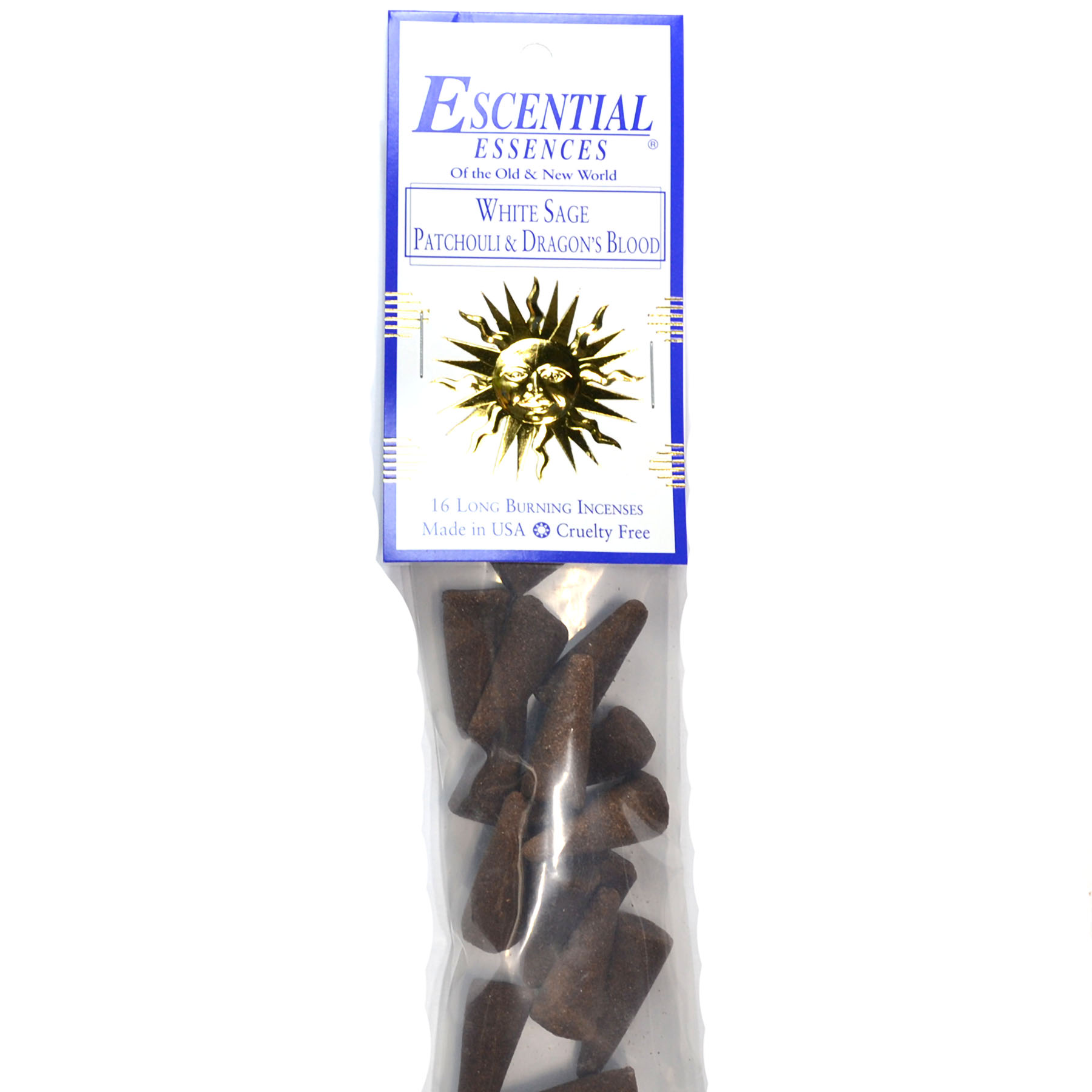 16/pk White Sage, Patchouli,Dragon's Blood escential essences incense cones